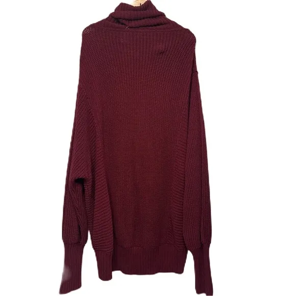 Free People Burgundy Oversize Knit Turtleneck Cowl Neck Sweater Dress Size Large