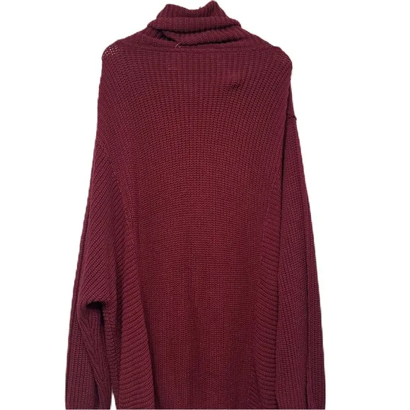 Free People Burgundy Oversize Knit Turtleneck Cowl Neck Sweater Dress Size Large