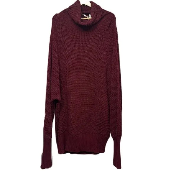 Free People Burgundy Oversize Knit Turtleneck Cowl Neck Sweater Dress Size Large