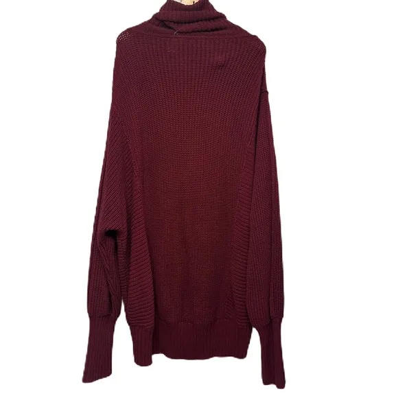 Free People Burgundy Oversize Knit Turtleneck Cowl Neck Sweater Dress Size Large
