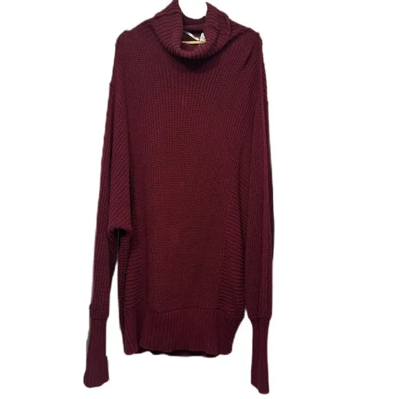 Free People Burgundy Oversize Knit Turtleneck Cowl Neck Sweater Dress Size Large