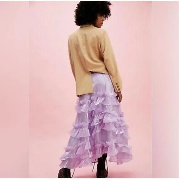FREE PEOPLE Chevelle Violet Ruffle Maxi Skirt Purple Shimmer NWT SZ XS $198