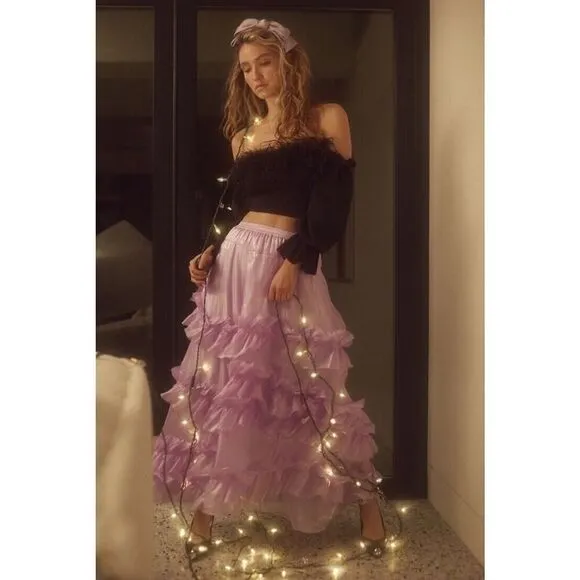 FREE PEOPLE Chevelle Violet Ruffle Maxi Skirt Purple Shimmer NWT SZ XS $198