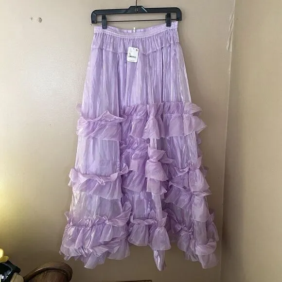 FREE PEOPLE Chevelle Violet Ruffle Maxi Skirt Purple Shimmer NWT SZ XS $198