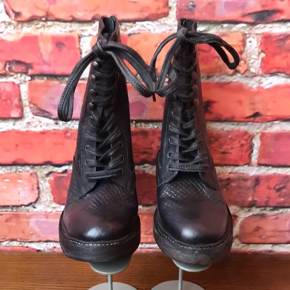 Free People Leather Santa Fe Lace-Up Boot in Black Embossed