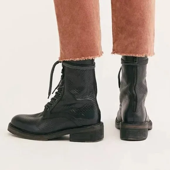 Free People Leather Santa Fe Lace-Up Boot in Black Embossed