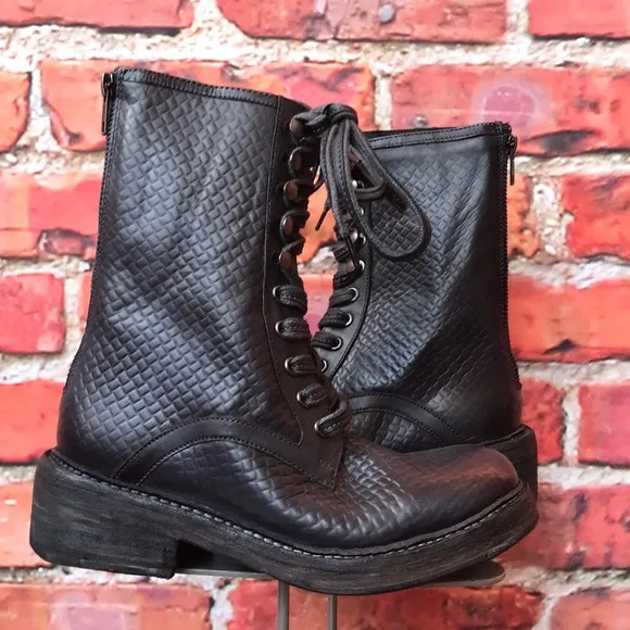 Free People Leather Santa Fe Lace-Up Boot in Black Embossed