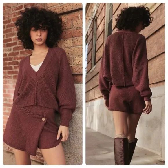 Free People Primavera Skort Sweater Set in Dark Brown  SMALL NWT