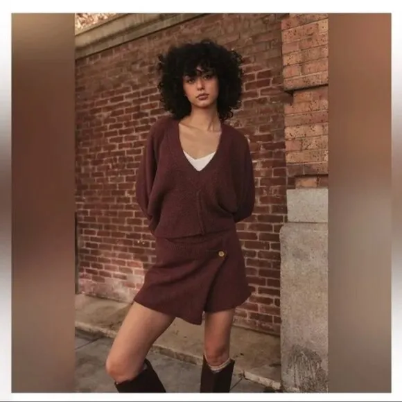 Free People Primavera Skort Sweater Set in Dark Brown  SMALL NWT