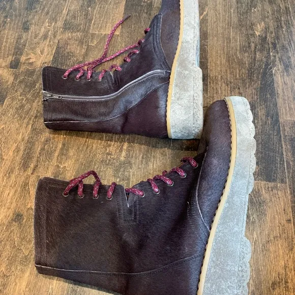 Free People Taos Maroon Cow Fur Combat Boots, Size 40/9.5