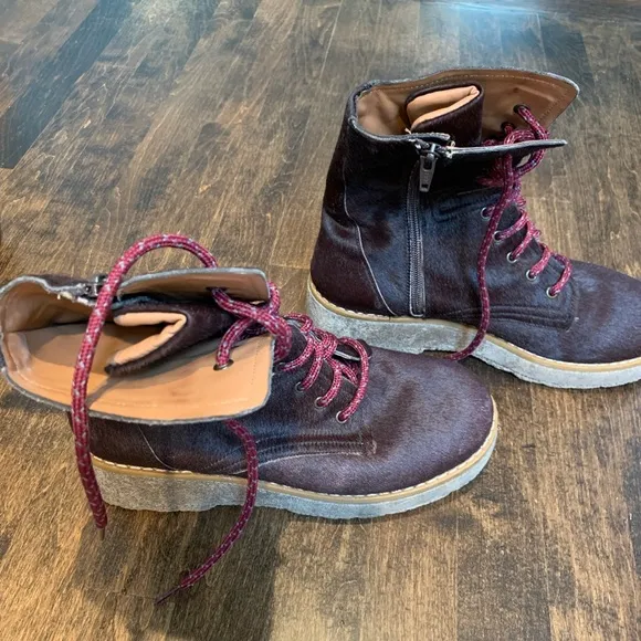 Free People Taos Maroon Cow Fur Combat Boots, Size 40/9.5