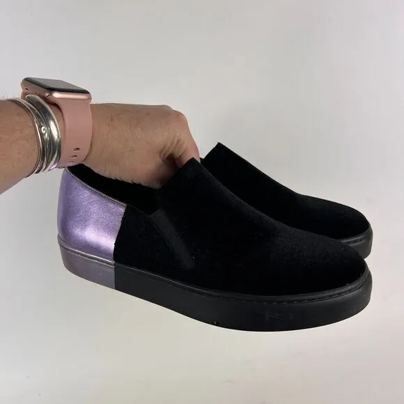 Free People Varsity women's size 7.5 black velvet purple leather slip on shoes