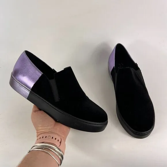 Free People Varsity women's size 7.5 black velvet purple leather slip on shoes