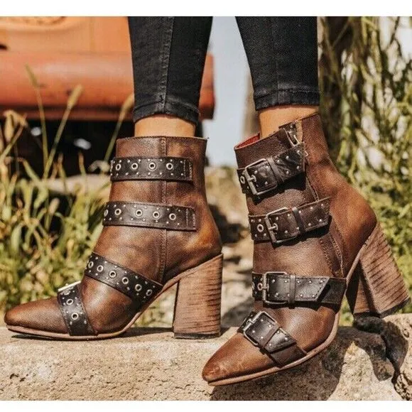 Freebird by Steven Joust Boots Women 7‎ Brown Buckle Moto leather boho festival