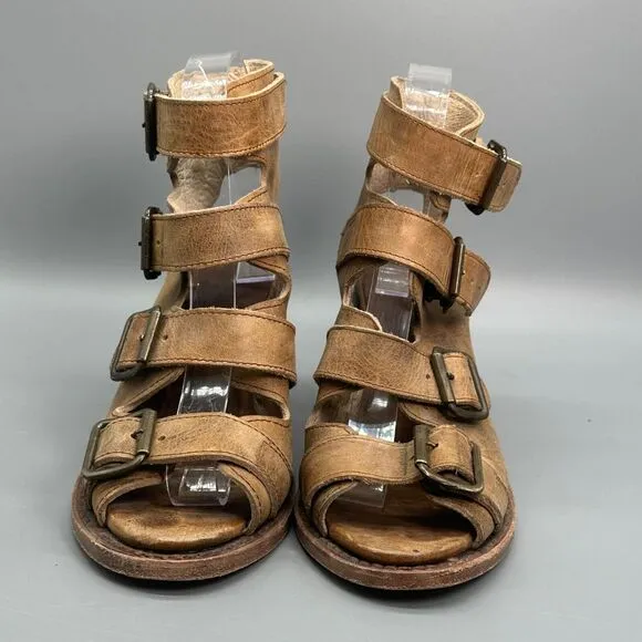 Freebird By Steven Quail Shoe Womens 7 Buckled Heels Peep Toe Tan Brown Boots