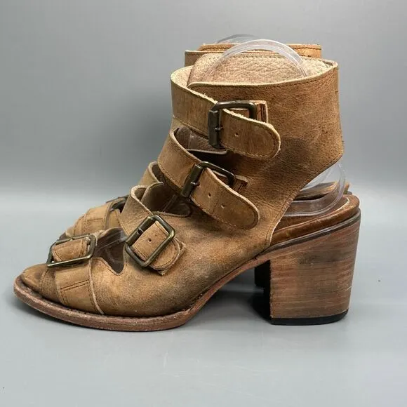 Freebird By Steven Quail Shoe Womens 7 Buckled Heels Peep Toe Tan Brown Boots