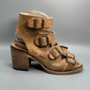 Freebird By Steven Quail Shoe Womens 7 Buckled Heels Peep Toe Tan Brown Boots