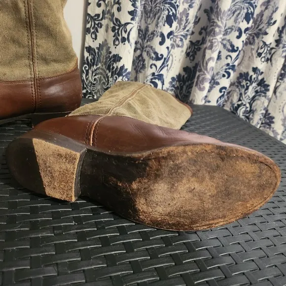 Frye Boots Melissa Canvas Button Tall Riding  Brown Leather Women Size 10.5