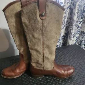 Frye Boots Melissa Canvas Button Tall Riding  Brown Leather Women Size 10.5
