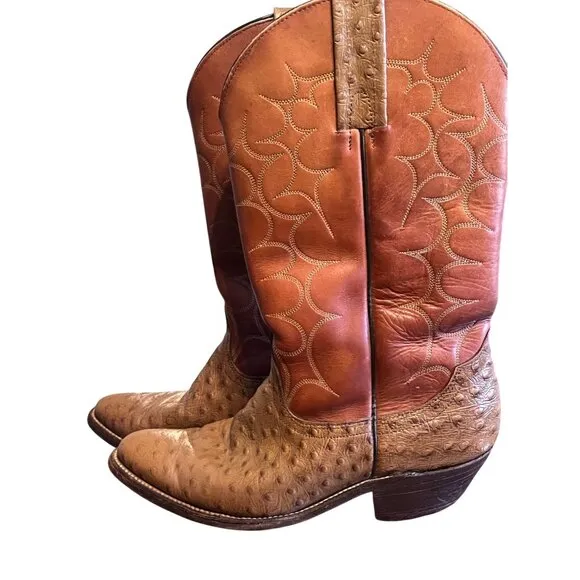 Frye Boots Men 10.5 Brown Leather Cowboy Ostrich Exotic Western White Label Vtg