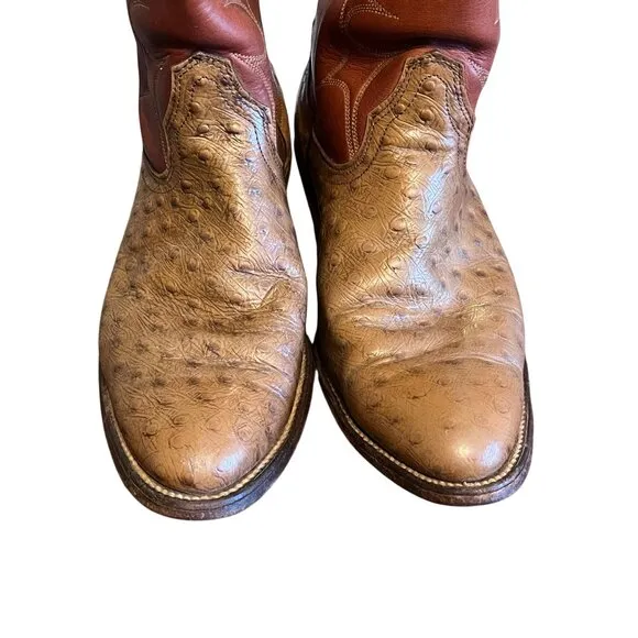 Frye Boots Men 10.5 Brown Leather Cowboy Ostrich Exotic Western White Label Vtg