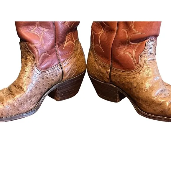 Frye Boots Men 10.5 Brown Leather Cowboy Ostrich Exotic Western White Label Vtg