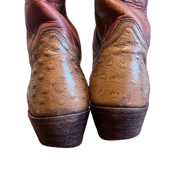 Frye Boots Men 10.5 Brown Leather Cowboy Ostrich Exotic Western White Label Vtg