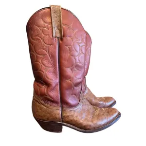 Frye Boots Men 10.5 Brown Leather Cowboy Ostrich Exotic Western White Label Vtg