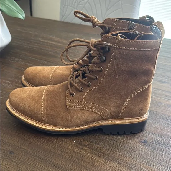 Frye Russell Men Tan Leather Suede Cap Boots Lace Zip Up  Size 11