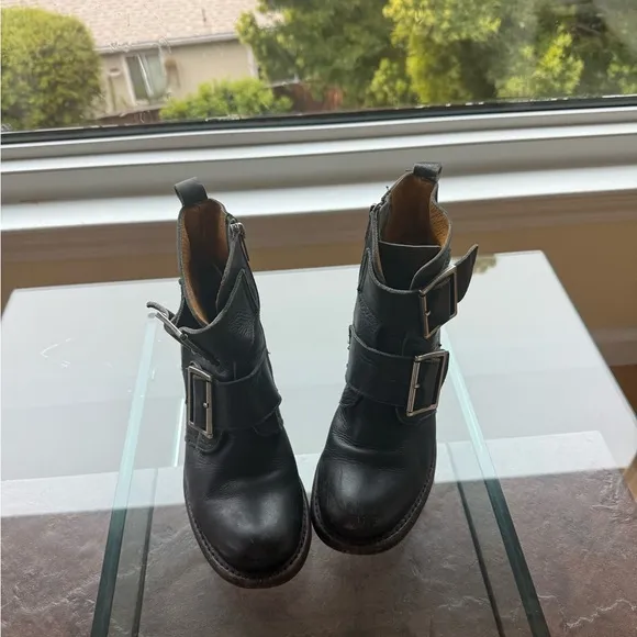 Frye Sabrina Black Buckle Ankle Boots