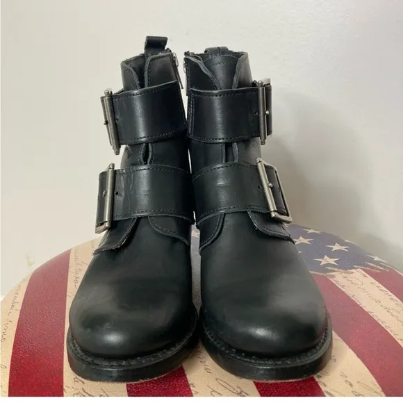 Frye Sabrina Black Buckle Ankle Boots