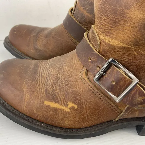 FRYE Veronica USA Made Brown Leather Buckle Biker Boots Women's Size 9 Preowned