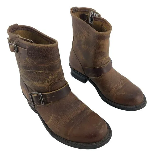FRYE Veronica USA Made Brown Leather Buckle Biker Boots Women's Size 9 Preowned