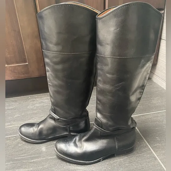 FRYE Women Melissa Belted Knee High Tall Riding Black Leather Boots US 7 Marissa