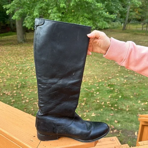 Frye Women Melissa Button Back Zipper Black Leather Riding Tall Boots size 8.5