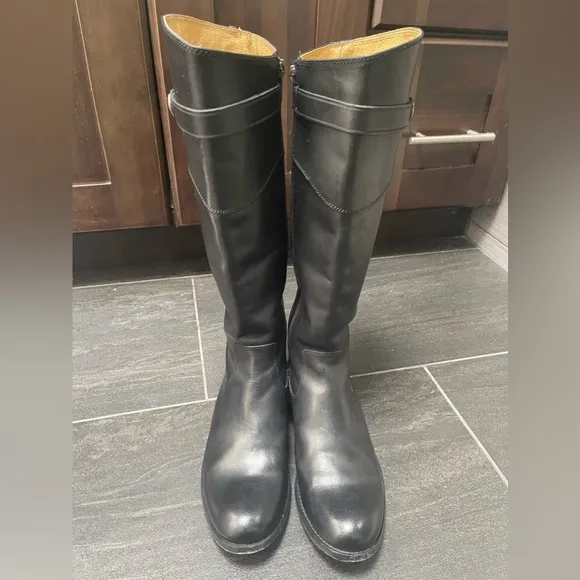 FRYE Women Mollie Button Knee High Tall Riding Black Leather Boots US 7 Belted
