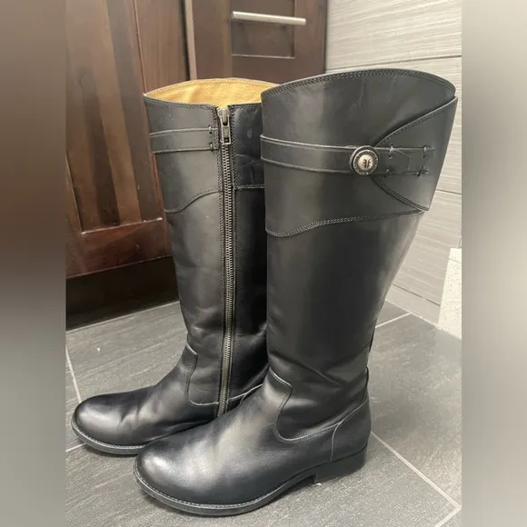 FRYE Women Mollie Button Knee High Tall Riding Black Leather Boots US 7 Belted