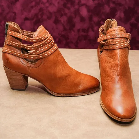 Frye Women Naomi Pick Stitch Brown Leather Back Zip Ankle Boots sz 9.5