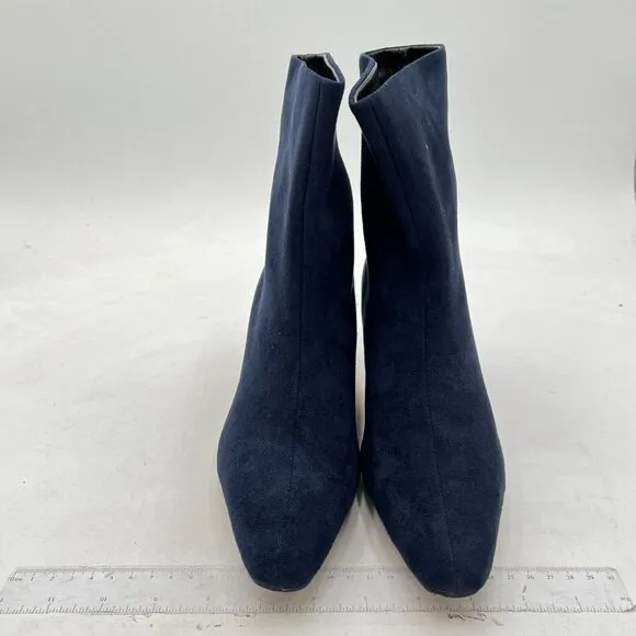 FSJ  Dark Blue Square Toe Comfort Kitten Low Heel Ankle Boot Pull On Bootie