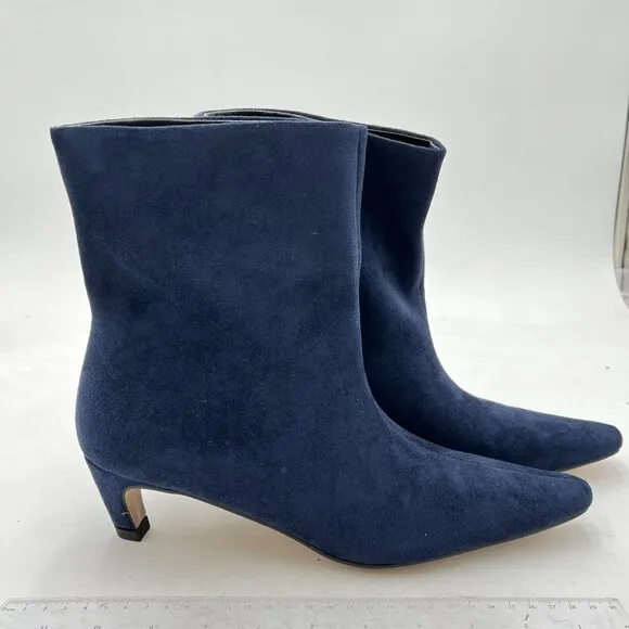 FSJ  Dark Blue Square Toe Comfort Kitten Low Heel Ankle Boot Pull On Bootie