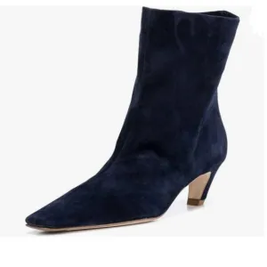 FSJ  Dark Blue Square Toe Comfort Kitten Low Heel Ankle Boot Pull On Bootie
