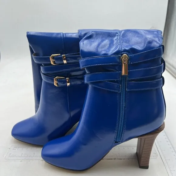 FSJ Women Fashion Knee High Long Boots Pull On Closed Toe Chunky Mid Heel Blue