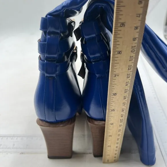 FSJ Women Fashion Knee High Long Boots Pull On Closed Toe Chunky Mid Heel Blue