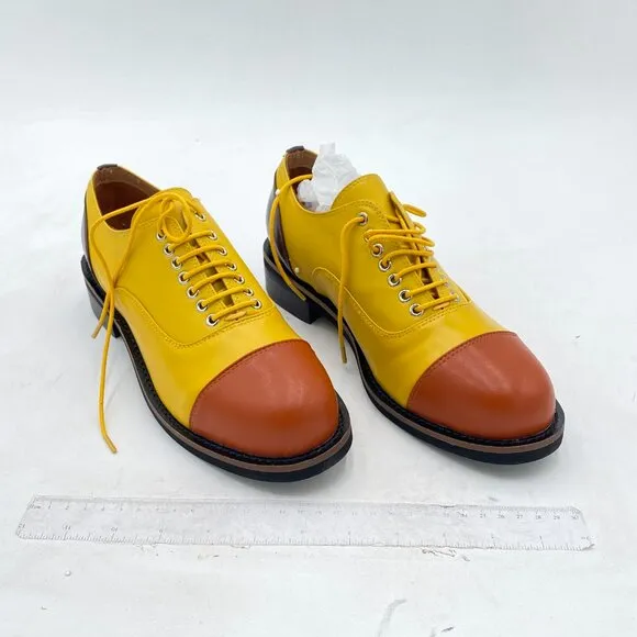 FSJ Women Multicolor Leather Oxford Shoes Round Cap Toe Lace Up Brogues  Yellow