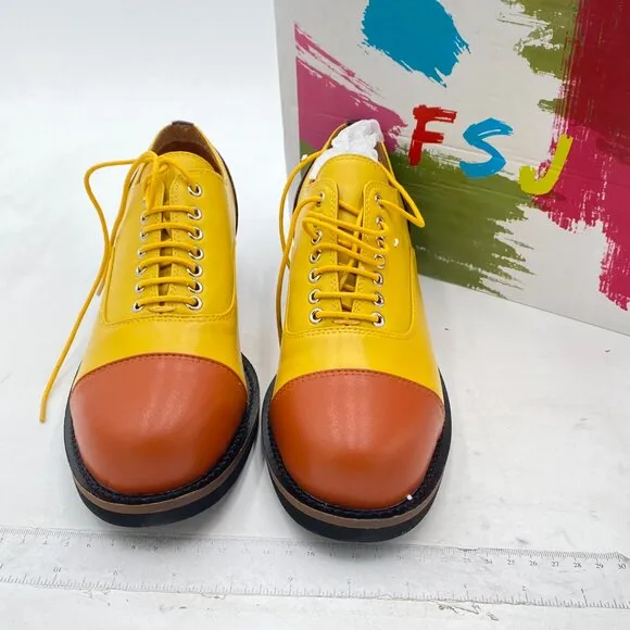FSJ Women Multicolor Leather Oxford Shoes Round Cap Toe Lace Up Brogues  Yellow