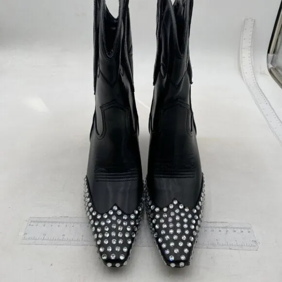 FSJ Women Square Toe Comfort Kitten Low Heel Ankle Boot Pull On Bootie Black
