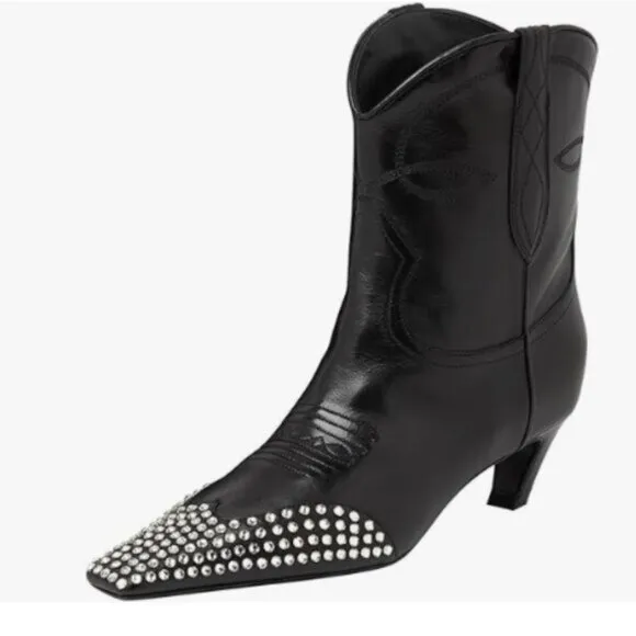 FSJ Women Square Toe Comfort Kitten Low Heel Ankle Boot Pull On Bootie Black