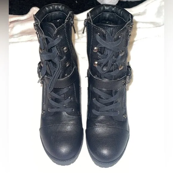 G by Guess Streets and Maps Tie Up Zipper Buckle Heeled Ankle Boots 9M