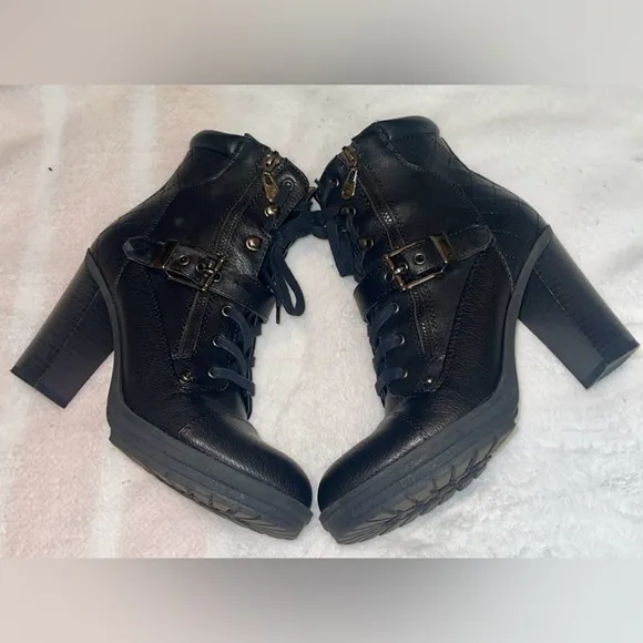 G by Guess Streets and Maps Tie Up Zipper Buckle Heeled Ankle Boots 9M