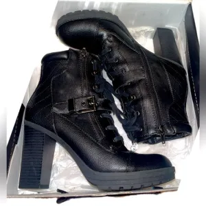 G by Guess Streets and Maps Tie Up Zipper Buckle Heeled Ankle Boots 9M